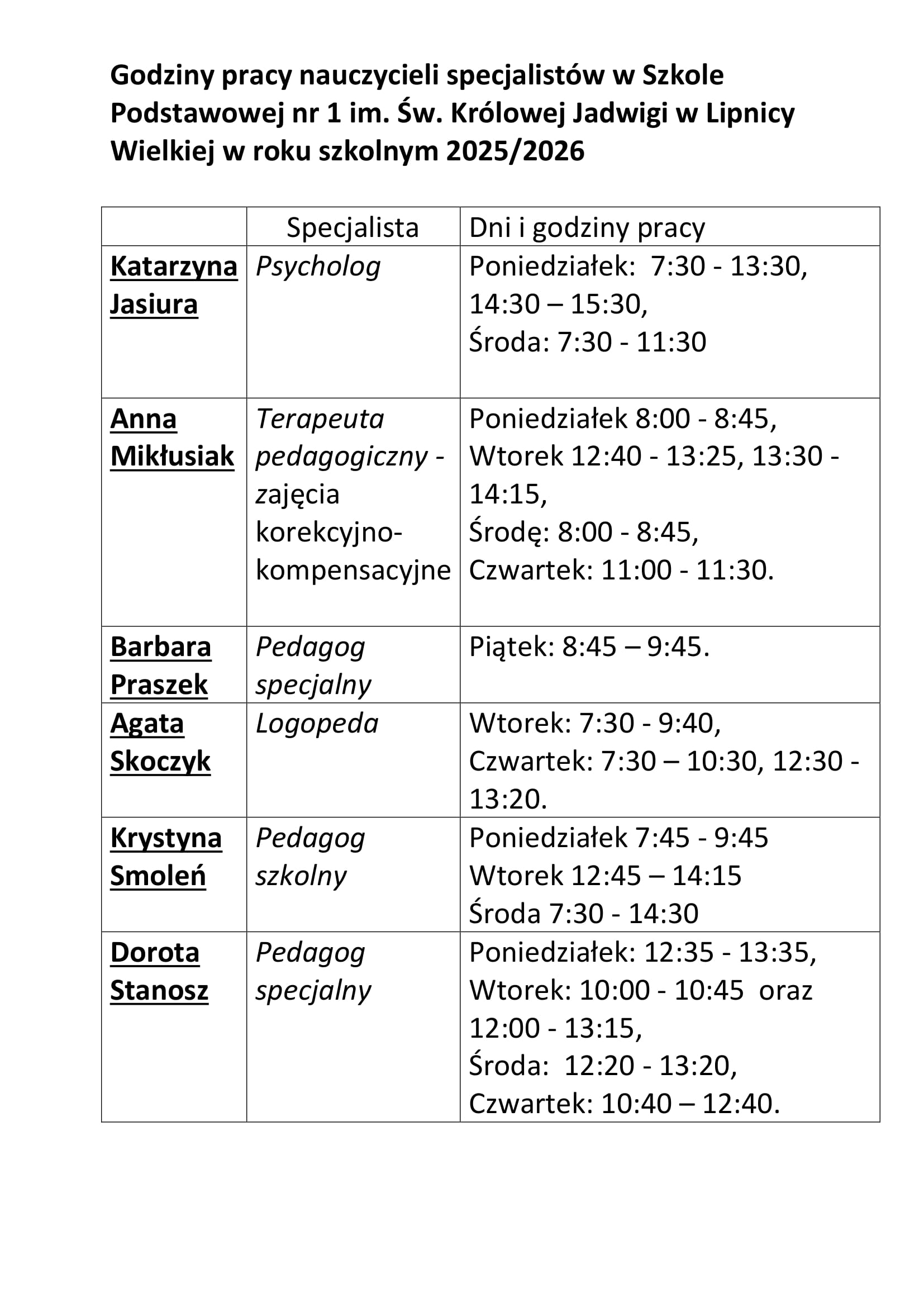 Godziny pracy specjalistów 2025 2026 1