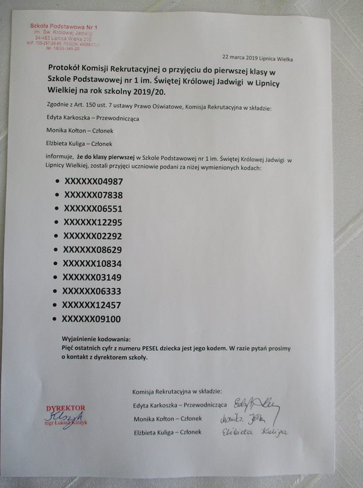 Protokół Rekrutacyjny do klasy pierwszej 2019 20