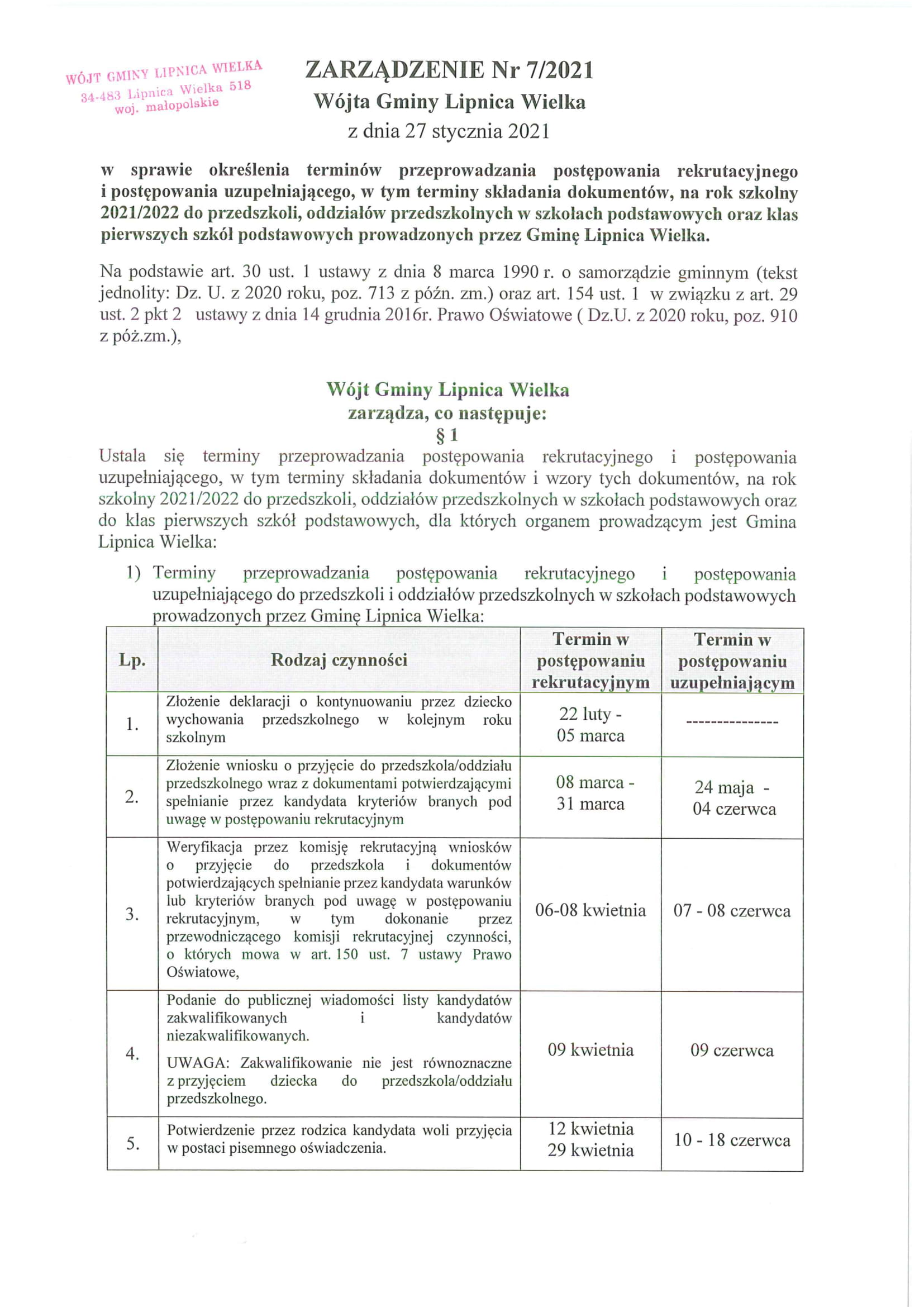 Zarządzenie nr 7 Wójta Gminy Lipnica Wielka z dnia 27.01.2021 1
